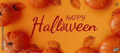 Happy Halloween banner. Flat lay pumpkin and dry leaves on orange background. Vector illustration.