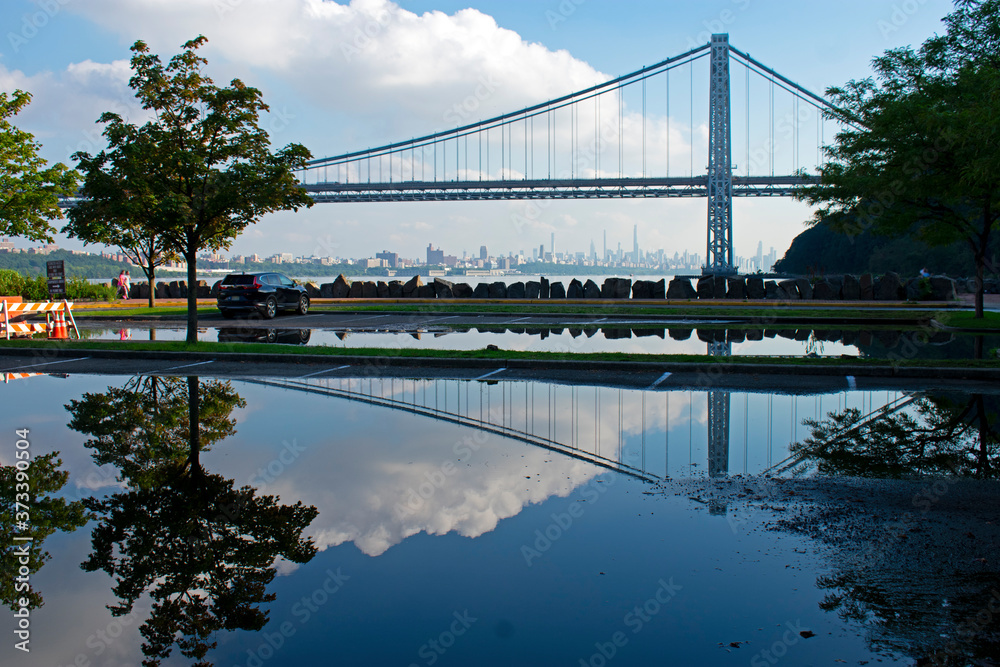 Washington Bridge with reflection in the Hudson River viewed