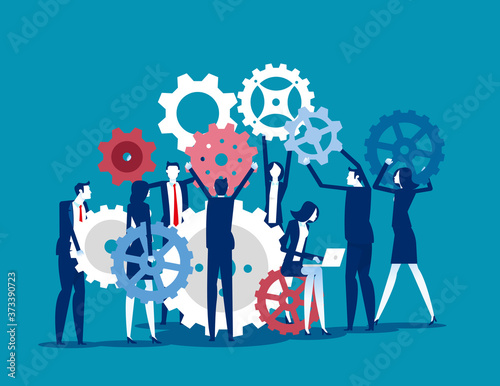 Lots of people working with gears. Rotating them and making mechanism working concept. Flat business cartoon vector style