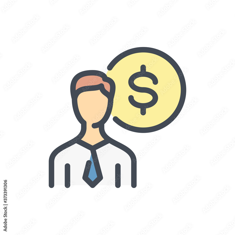 Business Person with Dollar Coin color line icon. Salary and Wage vector outline colorful sign. Business Person with Dollar Coin color line icon. Salary and Wage vector outline colorful sign.