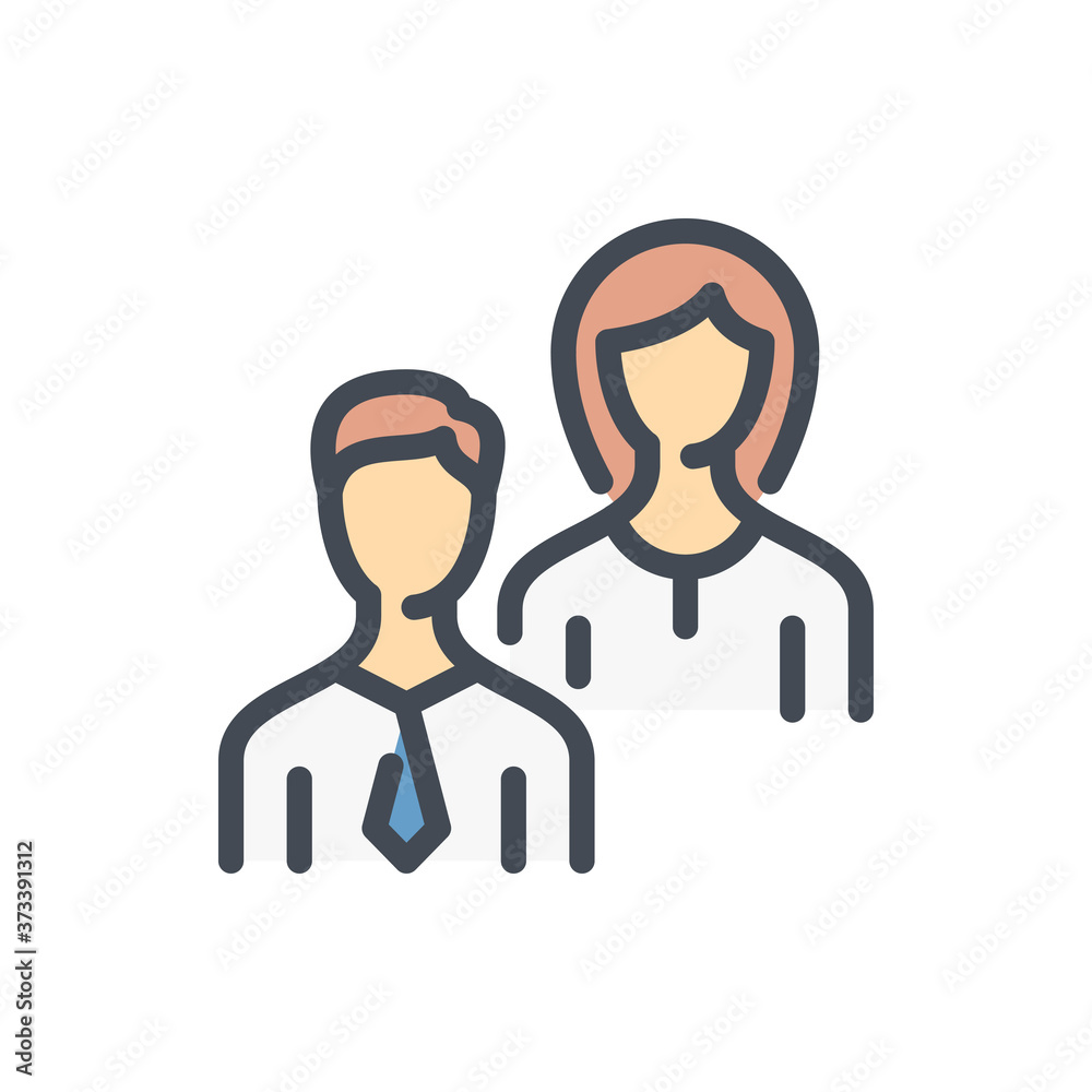 Business Person with Business Woman color line icon. Team and Teamwork vector outline colorful sign.