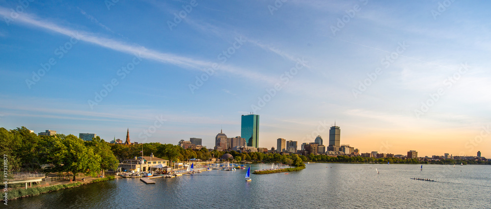 Panoramic view of Boston downtown and historic center from the landmark Longfellow bridge over Charles River