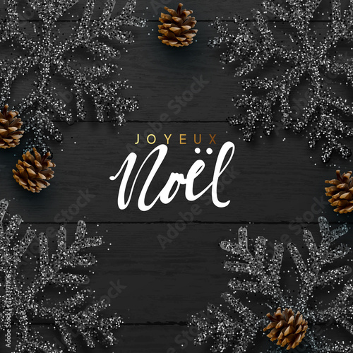 Merry Christmas Happy New Year. Christmas background. Wood plank texture, black snowflakes are strewn sparkles, realistic pine cone. Xmas composition flat top view. vector illustration