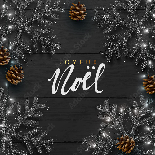 Merry Christmas Happy New Year. Christmas background. Wood plank texture, light garland, black snowflakes are strewn sparkles, realistic pine cone. Xmas composition flat top view. vector illustration
