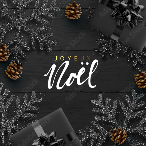 Merry Christmas Happy New Year. Christmas background. Wood plank texture, gift box, black snowflakes are strewn sparkles, realistic pine cone. Xmas composition flat top view. vector illustration