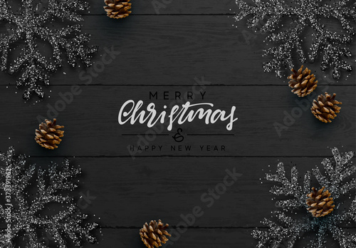 Merry Christmas Happy New Year. Christmas background. Wood plank texture, black snowflakes are strewn sparkles, realistic pine cone. Xmas composition flat top view. vector illustration