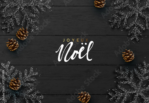 Merry Christmas Happy New Year. Christmas background. Wood plank texture, black snowflakes are strewn sparkles, realistic pine cone. Xmas composition flat top view. vector illustration