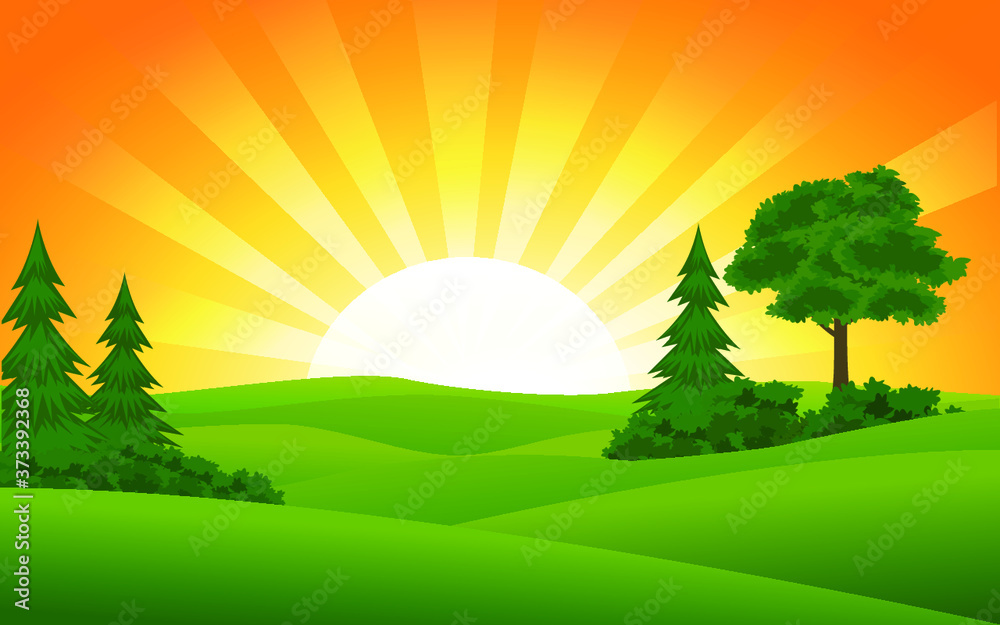 vector illustration of a rural landscape at sunset