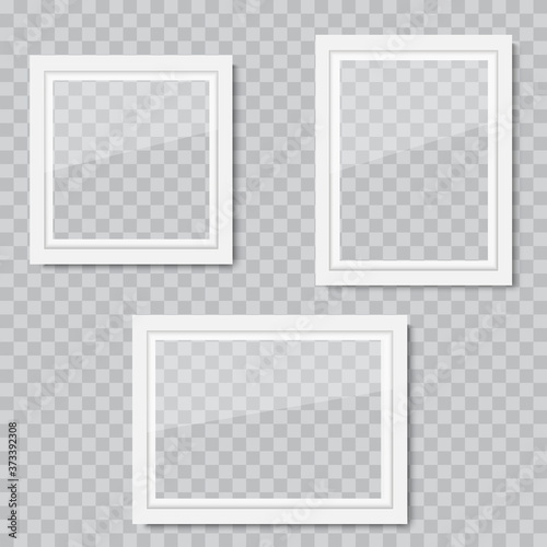 Realistic white wooden photo frame with soft shadow. Vector.