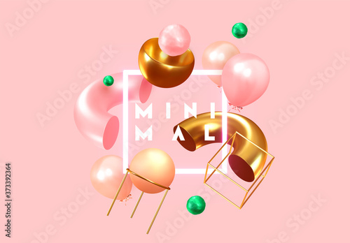Festive background with helium balloons, 3d geometric objects. Celebrate a birthday, Poster, banner happy anniversary. copy space for text. Vector ballon, pink color. cover, banner and poster template