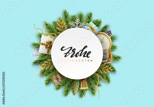 Merry Christmas and Happy New Year. Background Xmas decorative realistic objects. Holiday new year, gifts box by the green tree. Vector illustration.