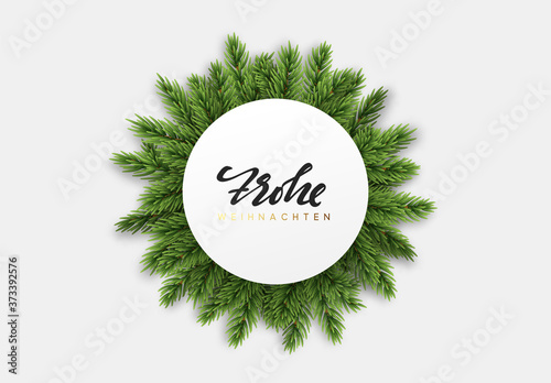 Christmas tree branches. Background with fluffy coniferous fir-trees and pines. Round banner poster. Xmas decoration. Vector illustration.