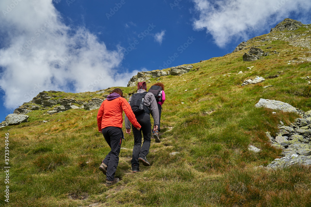 Family hiking into the mountains