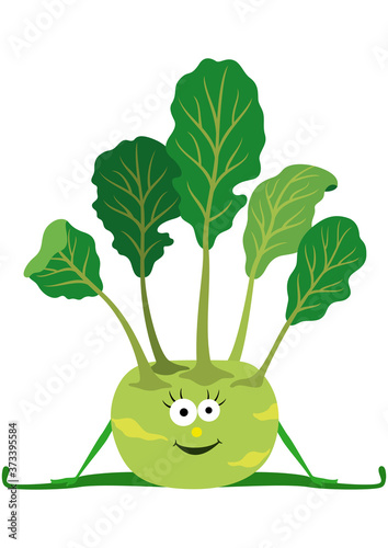 Vegetable yoga kohlrabi/ Cartoon kohlrabi practicing yoga asana wide angle seated forward bend variation
