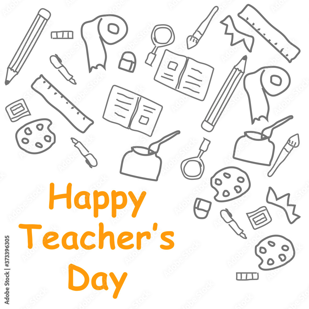 cartoon doodle art of happy teacher's day in yellow text. vector illustration.