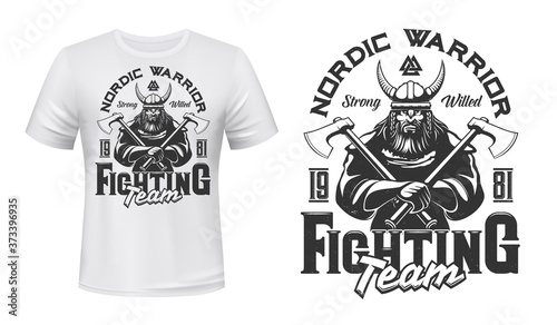 Viking warrior mascot t-shirt print vector template. Brutal, bearded viking in armor, horned helmet, holding battle axes in hands. Sports team or club emblem, apparel custom design print mockup
