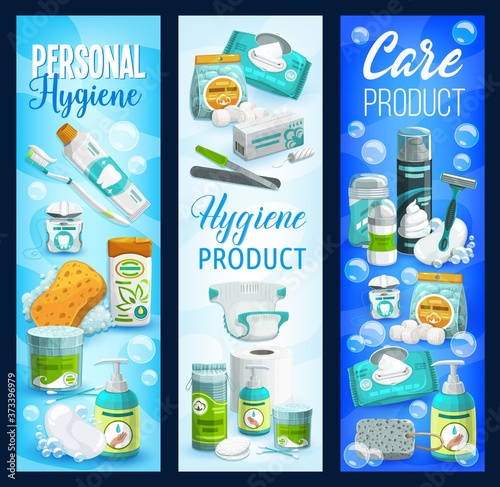 Hygiene and care products banners. Vector soap, toilet paper and shampoo, brush, toothpaste and cleansing wipes, shower gel bottle and shaving foam. Body cosmetics, personal hygiene, daily health care