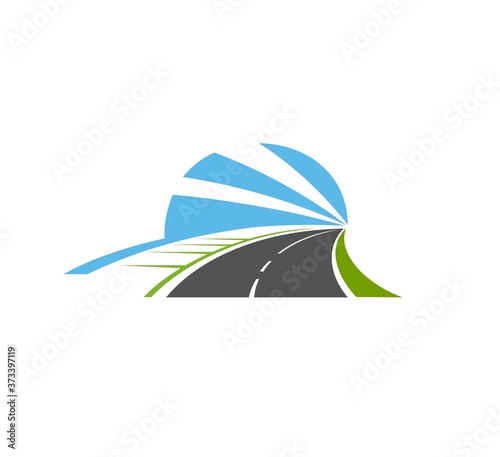Highway, road isolated vector pathway icon. Two lane curve asphalt speedway with sidewalk, green field and blue sky going into the distance. Driveway symbol, direction and navigation sign for map
