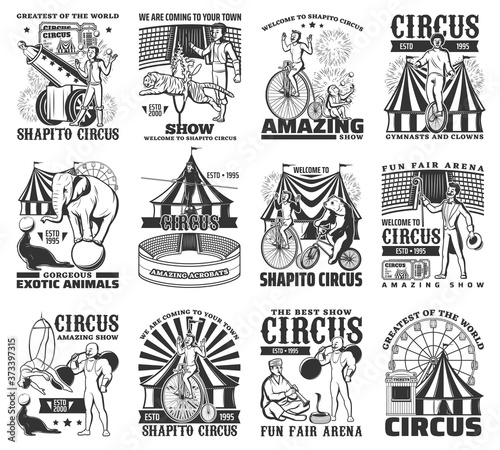 Big Top tent circus performances engraved vector icon set. Tiger tamer and snake charmer, magician, clown, strongman and unicyclist, aerial hoop acrobat and tightrope walker. Chapiteau circus show