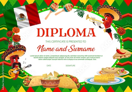 School education diploma, vector chilli peppers in sombrero playing guitar and trumpet, marigold flowers, mexican food, maracas and flag. School or kindergarten certificate, cartoon frame template