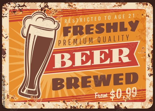 Local brewery beer rusty metal vector plate. Weizen glass with freshly brewed potter or stout beer, foam and vintage typography. Craft brewery, pub or bar retro banner, advertising sign