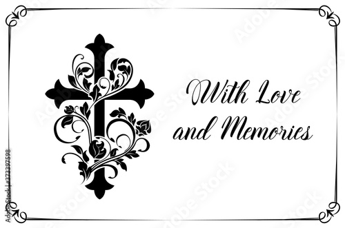Funeral card vector template with cross and floral ornament or flourishes. Vintage condolence funereal card with frame love and memory typography. Obituary memorial, remembrance retro funeral poster