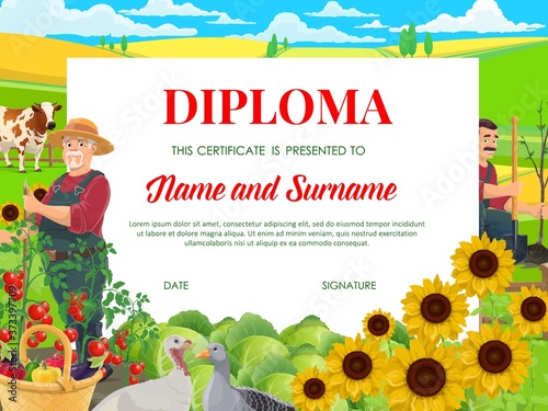 School diploma, education vector certificate with farmers working in garden with fowl and cow graze on field. Kindergarten kids cartoon frame template with cottagers cultivation works on country farm