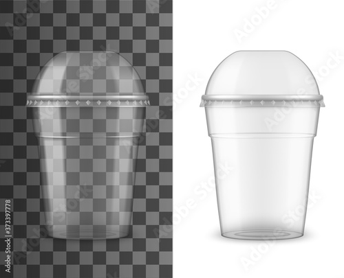Plastic cup with sphere dome cap for drinks. Vector transparent shaker mug, disposable container for takeaway milkshake, lemonade or smoothie, cold and hot tea or coffee beverages realistic 3d mockup