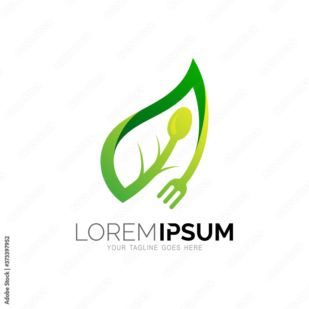 Combination of cutlery and leaf logos, Spoon and fork plane logo Combination of cutlery and leaf logos, Spoon and fork plane logo
