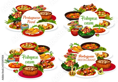 Portugal cuisine vector menu cover fish stew, octopus salad with white beans, caldy verde soup and dumplings with meat. Caldeirada, rice pudding and calms in cataplana. Portuguese meals round frames