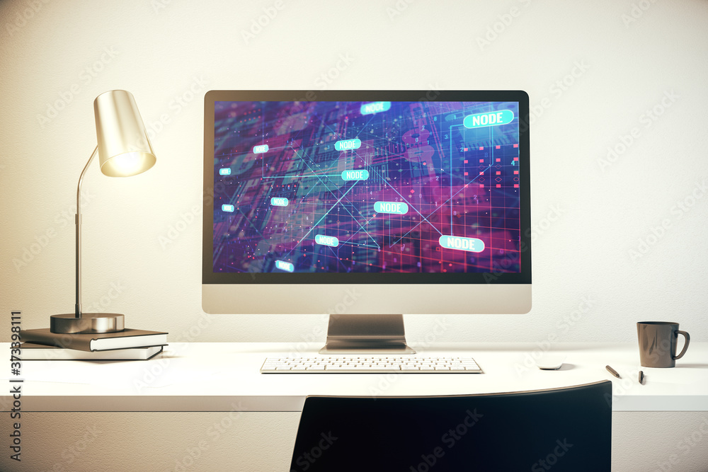 Abstract creative coding illustration on modern computer monitor, software development concept. 3D Rendering Abstract creative coding illustration on modern computer monitor, software development concept. 3D Rendering