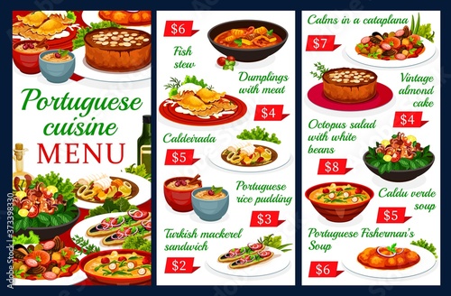 Portuguese vector menu template dumplings with meat, caldeirada and rice pudding. Turkish mackerel sandwich, vintage almond cake. Octopus salad with white beans, caldy verde soup Portugal food dishes