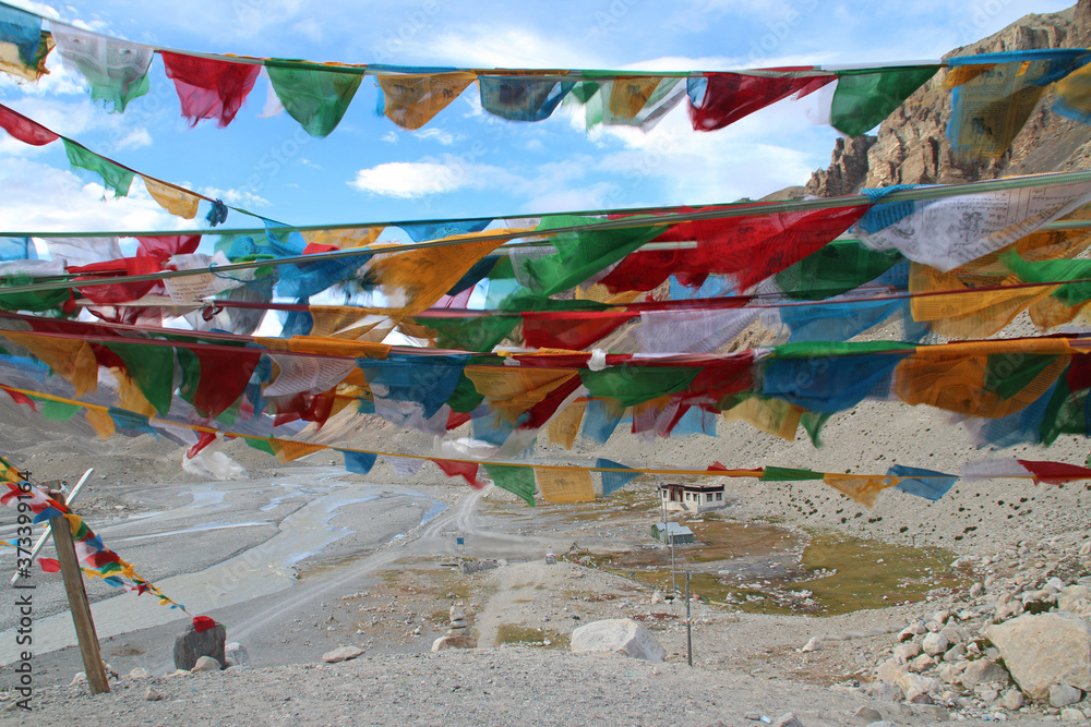 Fototapeta premium View of mountains with the Tibetan prayer flags from Everest Base Camp, Tibet