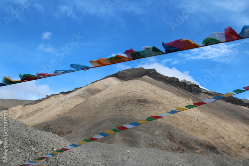 View of mountains with the Tibetan prayer flags from Everest Base Camp, Tibet