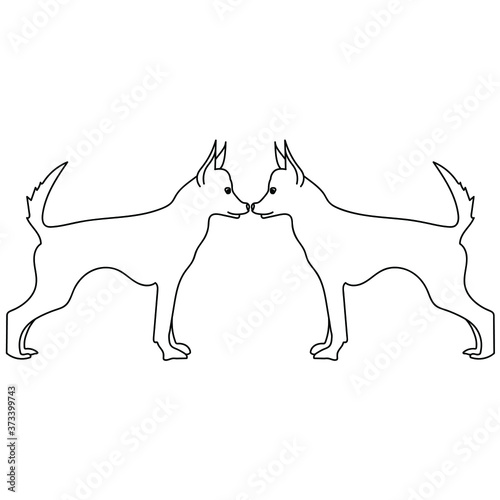 Two dogs nose to nose with upturned tails, dog friendship or acquaintance, pets coloring page for children, vector outline illustration