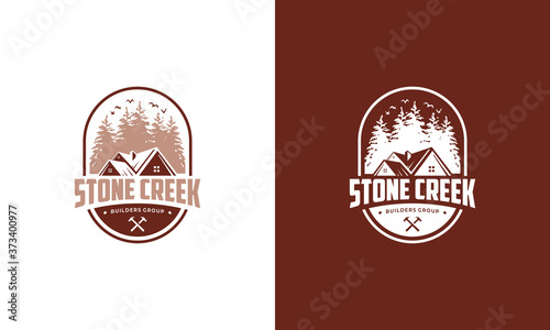 illustration vector graphic of classic, modern, vintage, badge, emblem, stamp style for real estate, house building in forest logo design