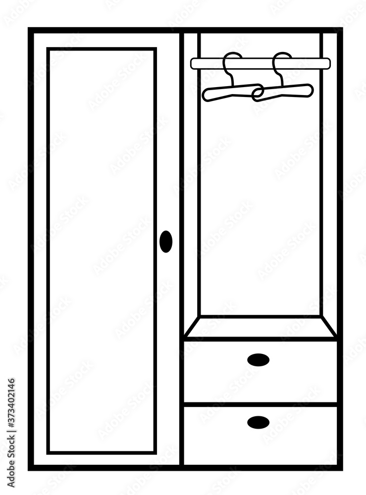 Icon of the wardrobe in the hallway with hangers, furniture in black and white. Vector image isolated on a white background