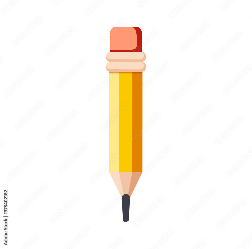 Pencil write isolated icon. yellow wooden pencil with rubber eraser. Sharpened detailed office mockup, school instrument
