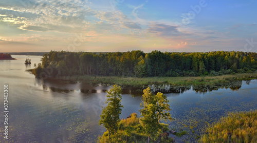 islands in river at sunset aerial view