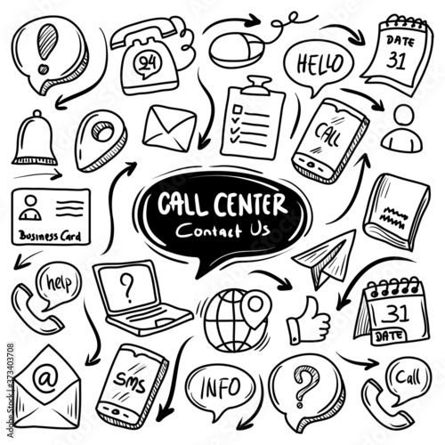 Call Center Hand Drawn Doodle Icons set, simple and trendy Sketching element Vector illustration

