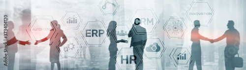Erp Crm Hr Innovation inscriptions and icons on business background.