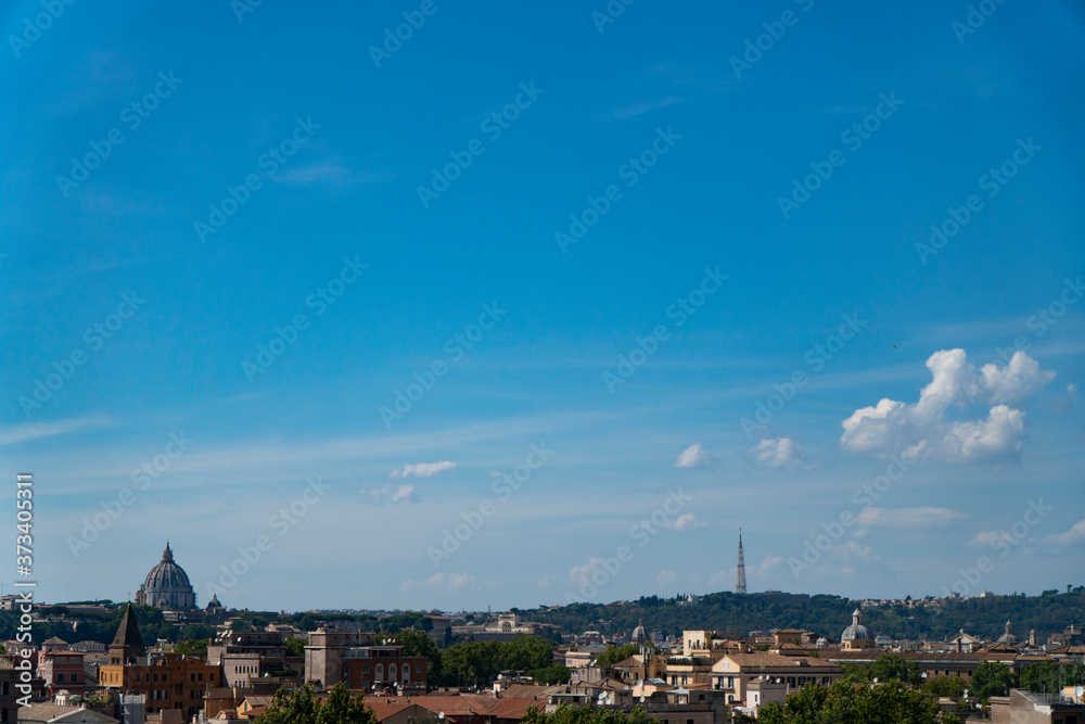 Beautiful Rome skyline. Scenic panorama of the historical center of Rome. Ancient city of Roma from above on a sunny day