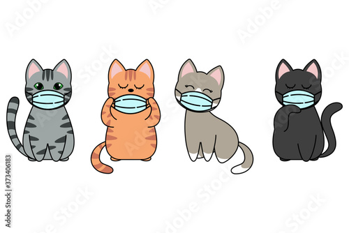 Different cartoon cat characters set and cat face mask covid19, pm 2.5, poses and emotions.