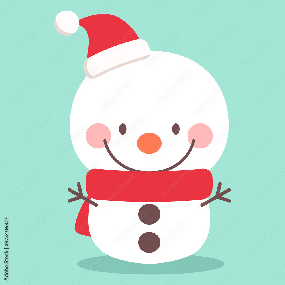 Cute snowman character wearing Santa hat and scarf. Flat design style, vector illustration.