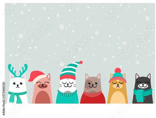 Merry Christmas cats, collection of christmas cats in santa hats, winter headwear. Happy xmas pets greeting card.