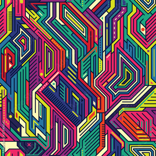 Pop and Colorful Circuit Board Puzzle Seamless Pattern, Electricity component. Vector Wallpaper Background