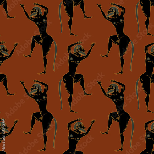 Seamless geometrical pattern with ancient Greek satyrs. 