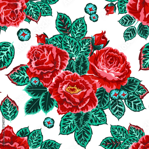 Seamless pattern with rose buds and leaves. Graphic llustration on white background. For the design of shawl, handkerchief, weddings, dress, fabrics, wallpaper, pattern, digital paper, costume, dress