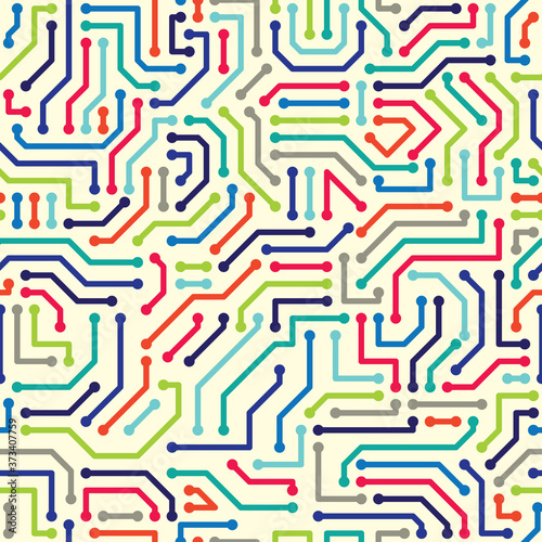 Pop and Colorful Circuit Board Puzzle Seamless Pattern, Electricity component. Vector Wallpaper Background