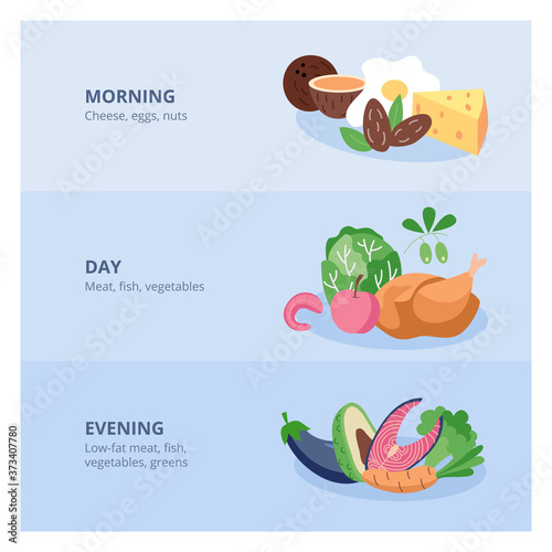 Healthy daily menu banners set with food icons, flat vector illustration.